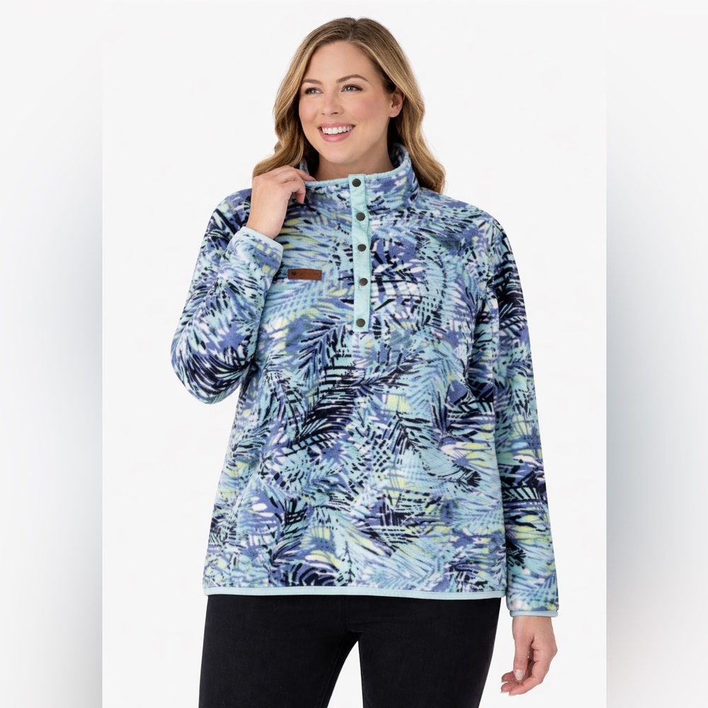 Obermeyer Boulder Fleece Pullover Snap Neck Ski Sweater Tropical Print Women L